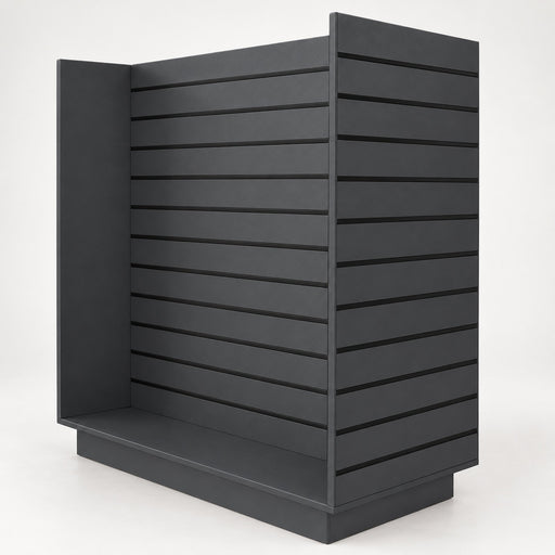 A dark gray slatwall retail display stand with horizontal panels and a base shelf, shown on a clean white background.
