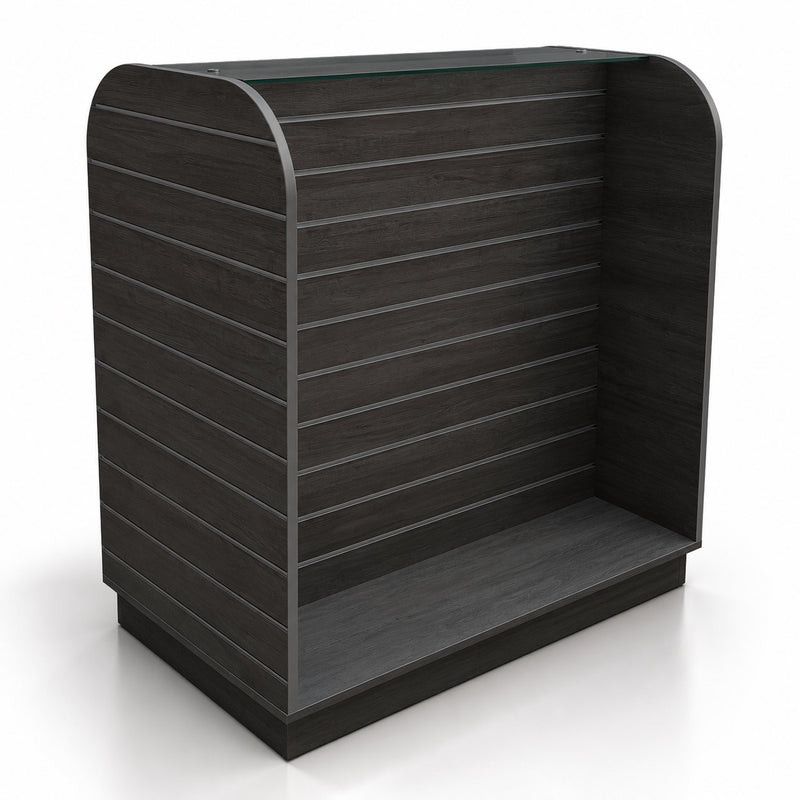 A dark wood-grain retail display counter with a glass top shelf and a slatted back panel, shown on a clean white background.