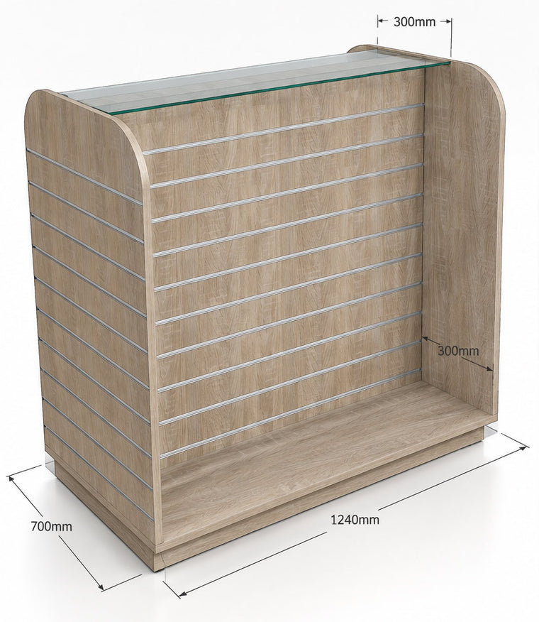 Rustic oak slatwall display stand with a glass top shelf and dimension labels showing 1240mm width, 700mm depth, 300mm top overhang, and 300mm side overhang on a white background.