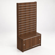 A modern brown wood-grain storage cabinet with a tall slatted back panel and two lower cabinet doors, shown on a clean white studio background.