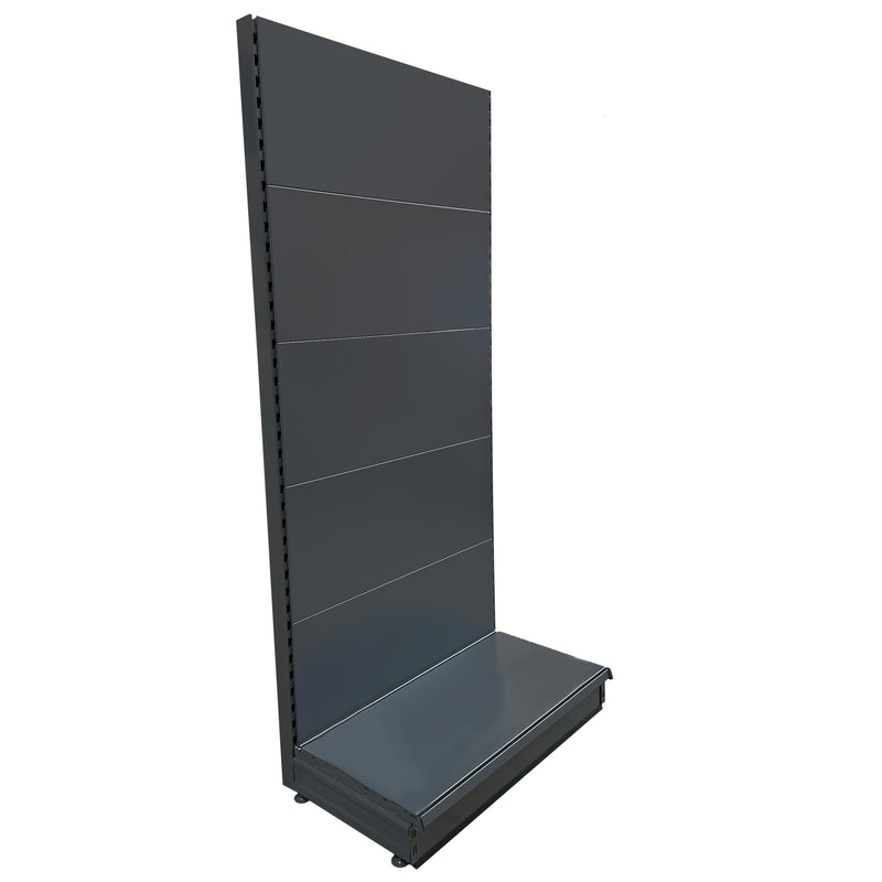 Dark grey K50 shop shelving wall bay - plain back panels and 37cm deep base shelf 