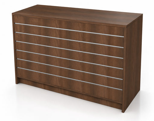 Slatwall fronted shop counter in walnut 1200mm long