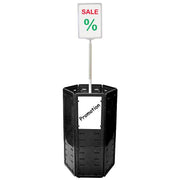 Black hexagonal dump bin with sign holder