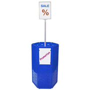 Blue hexagonal dump bin with sign holder