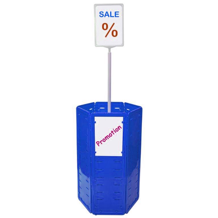 Blue hexagonal dump bin with sign holder