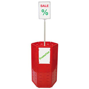 Red hexagonal dump bin with sign holder