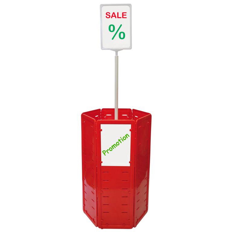 Red hexagonal dump bin with sign holder